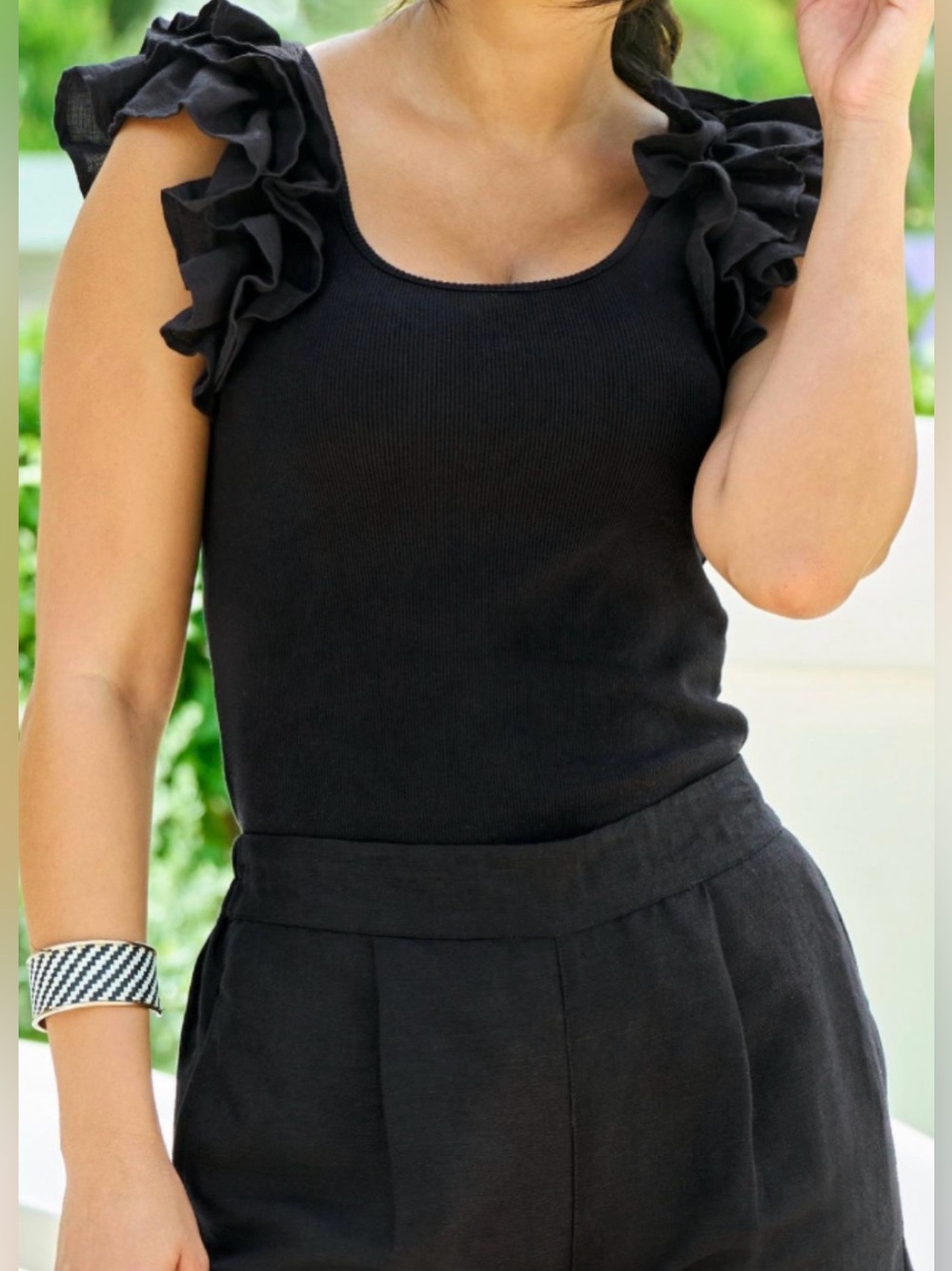 boston proper linen ruffle ribbed black tank top size medium
